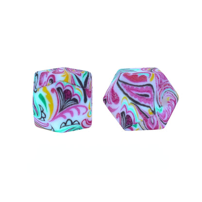 14mm Hexagon Silicone Beads Printed Camouflage Leopard Design 50pcs