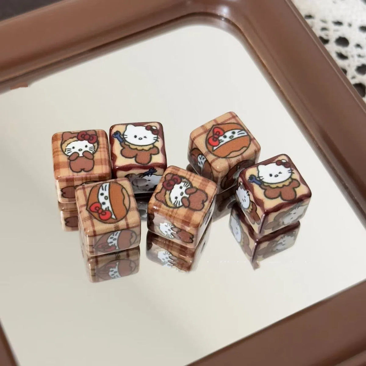 Hello Kitty Printed Acrylic Square Beads 14mm Chestnut Theme 10pcs