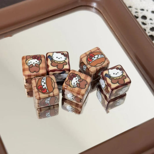 Hello Kitty Printed Acrylic Square Beads 14mm Chestnut Theme 10pcs