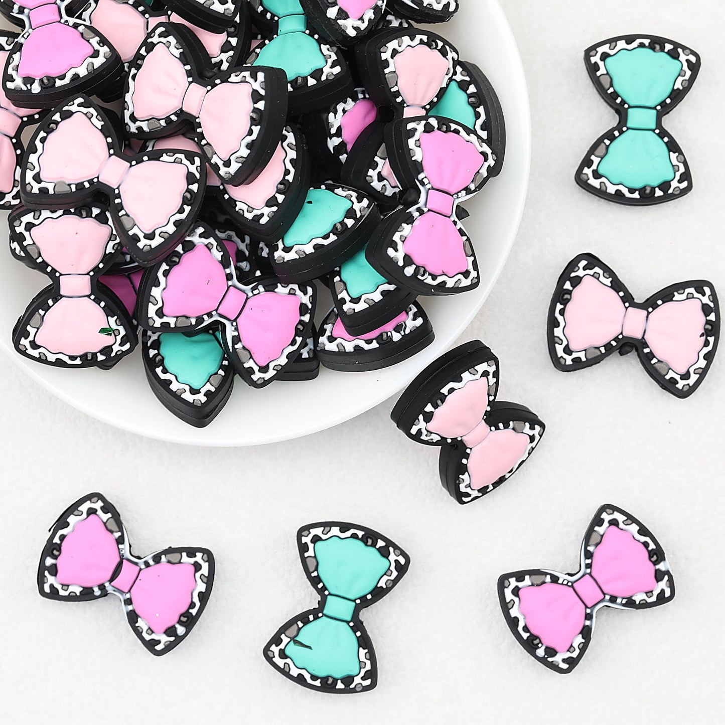 Cow Print Bow Silicone Focal Beads Pink Light Pink Green 20pcs