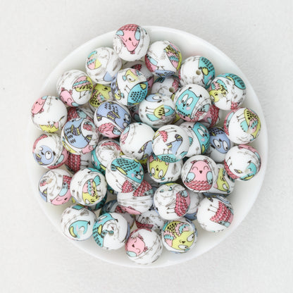 15mm Printed Cartoon Pattern Silicone Round Beads 50pcs 4