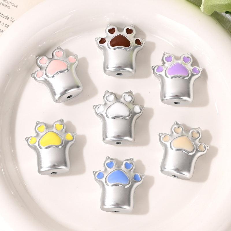 Cute Enamel Cat Paw Acrylic Beads Silver Tone 26mm 10pcs