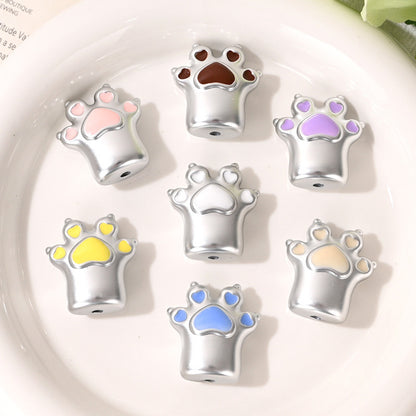 Cute Enamel Cat Paw Acrylic Beads Silver Tone 26mm 10pcs
