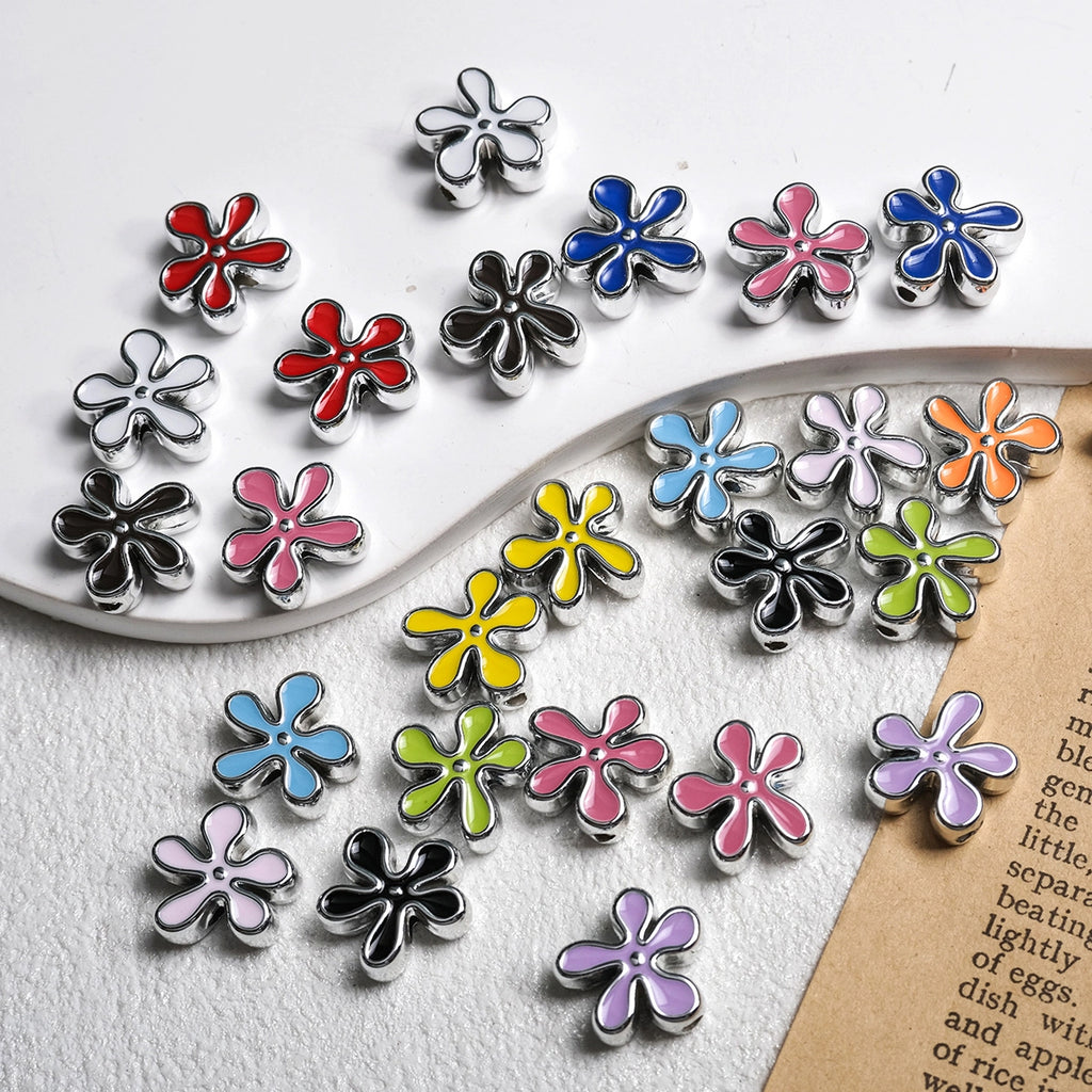 Irregular Flower Acrylic Beads 14mm Silver Enamel Mixed Colors 50pcs