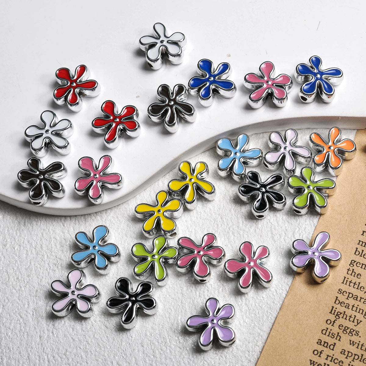 Irregular Flower Acrylic Beads 14mm Silver Enamel Mixed Colors 50pcs