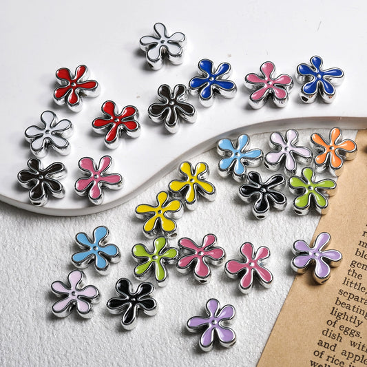 Irregular Flower Acrylic Beads 14mm Silver Enamel Mixed Colors 50pcs