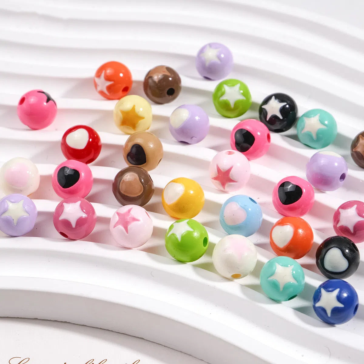Painted Round Acrylic Beads 10mm Double Sided Heart and Star Pattern 50pcs 2