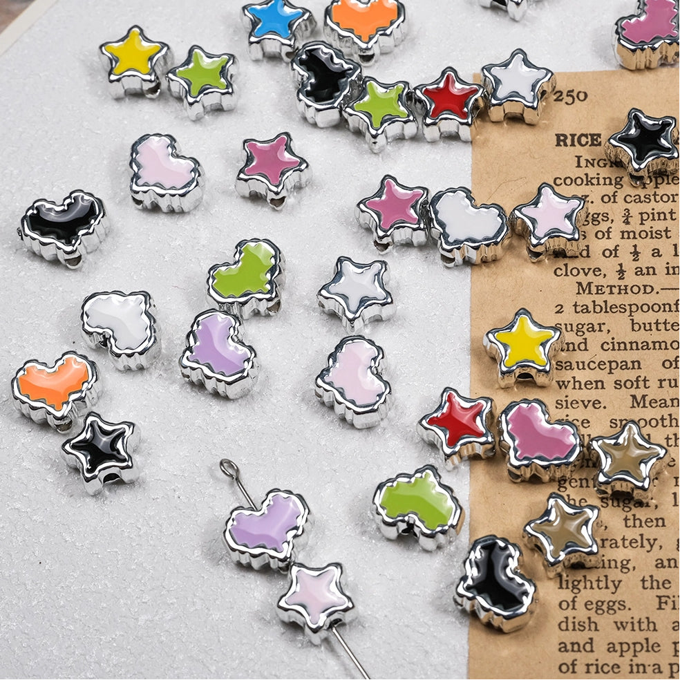 Silver Pixel Heart and Star Acrylic Beads 11mm Mixed Shapes 50pcs