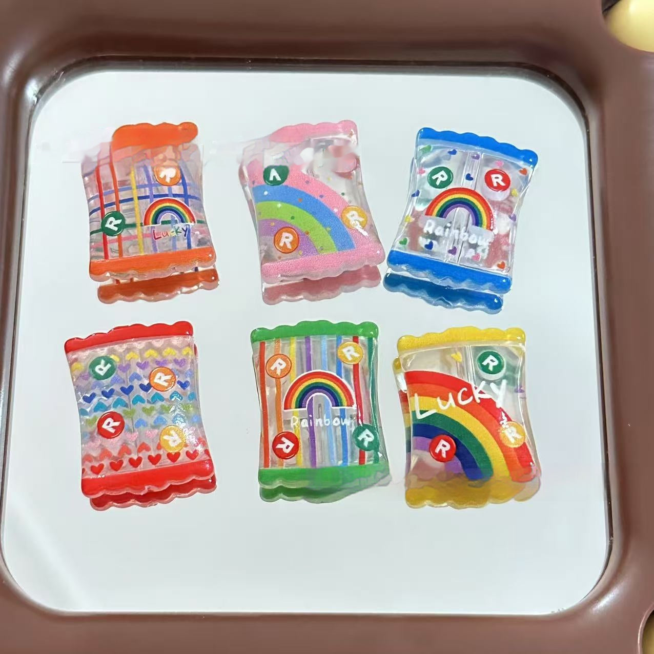 Rainbow Printed Square Acrylic Beads 25mm Colorful Snack Bag 10pcs