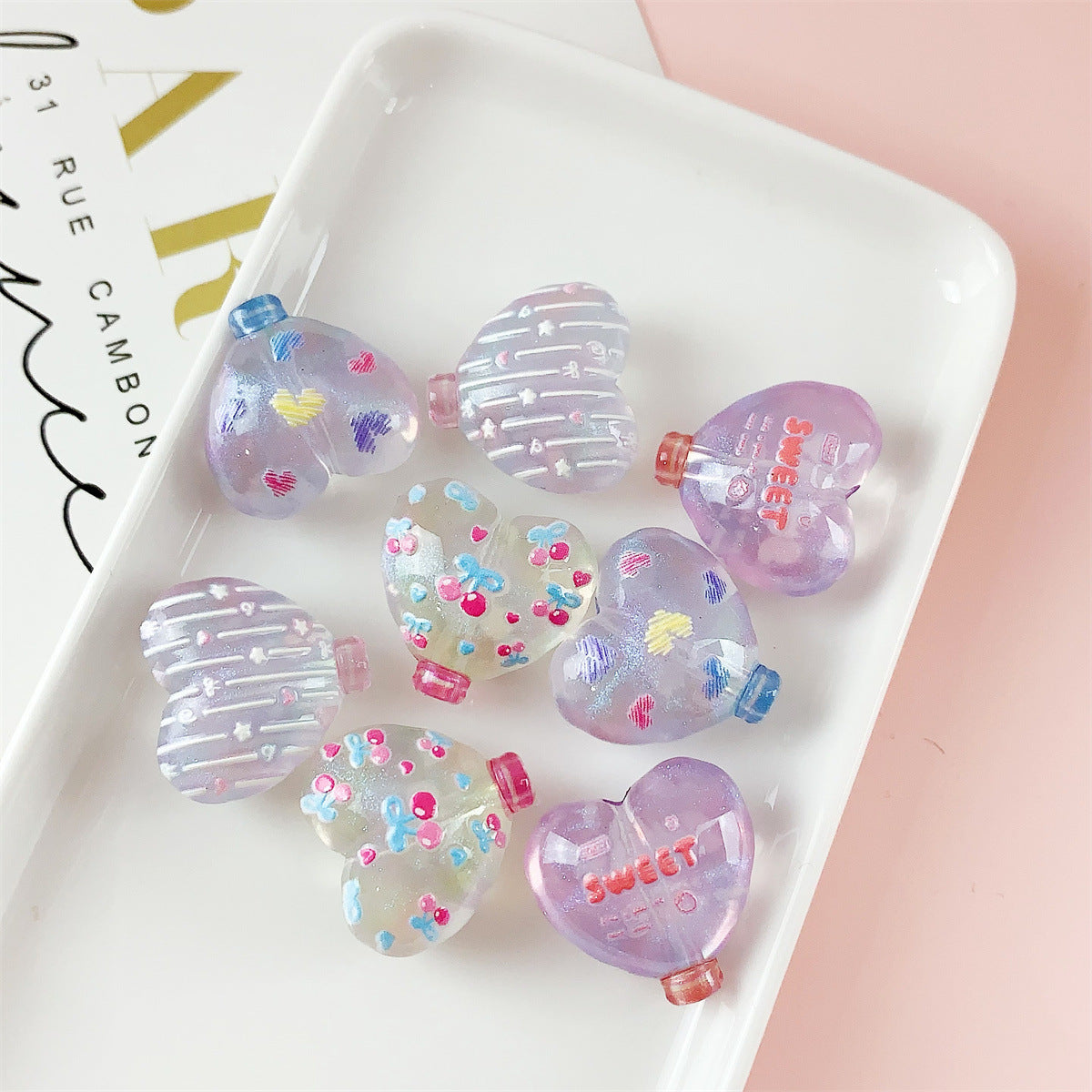 Decorative Heart Shaped 22mm Acrylic Beads with Double Sided Cherry Print 10pcs 5