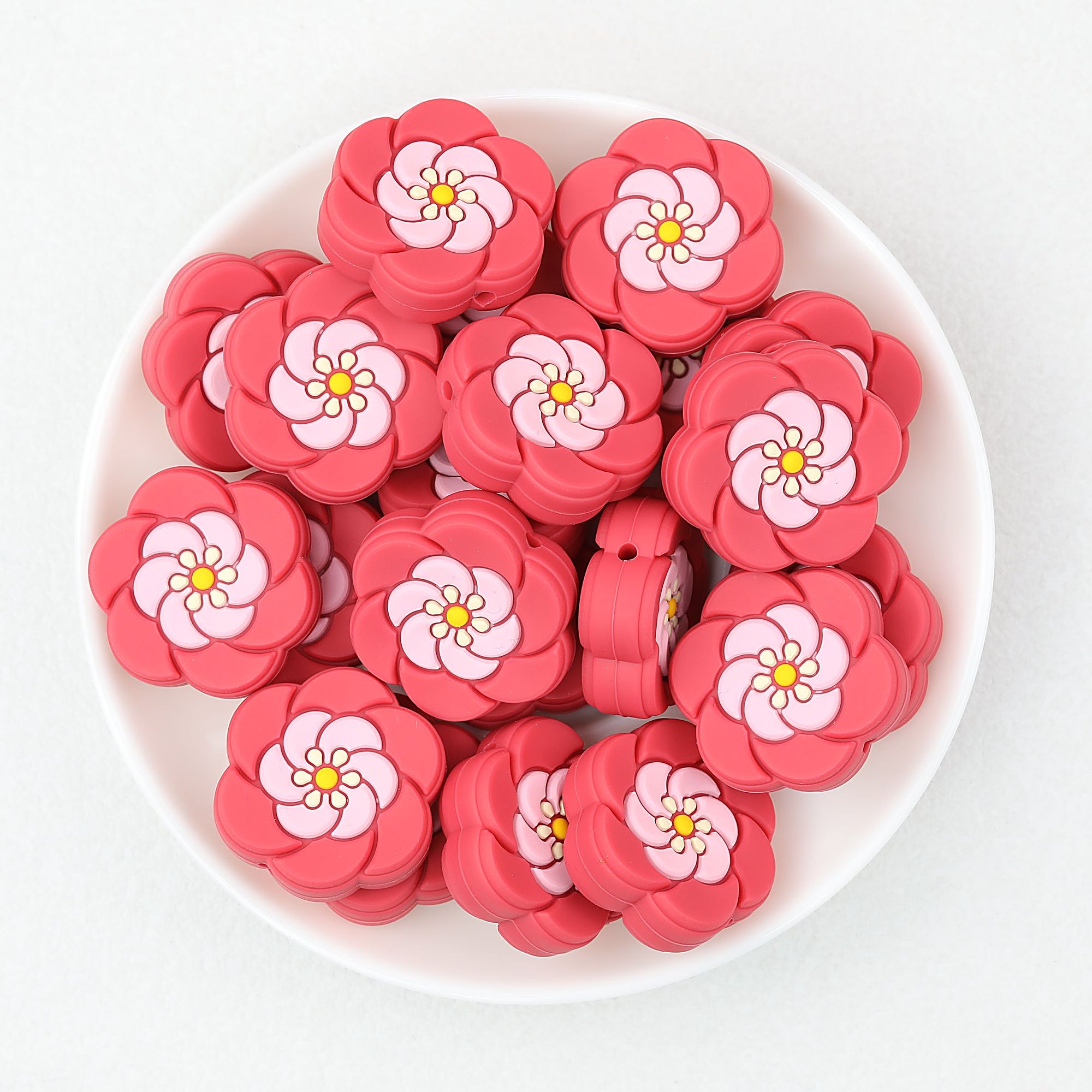 Floral Red Silicone Focal Beads with Pink Center 20 pcs
