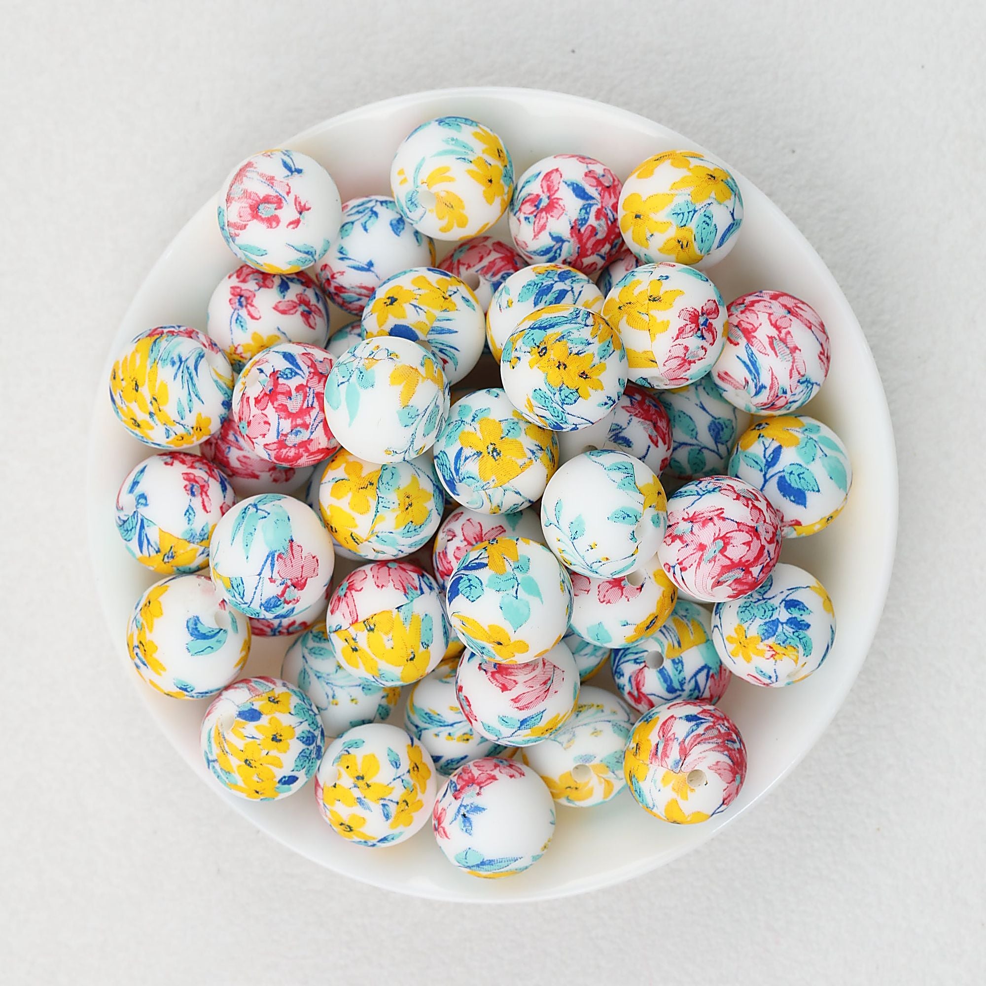 15mm Floral Printed Silicone Round Beads Soft Pastel Color 50pcs - Floral