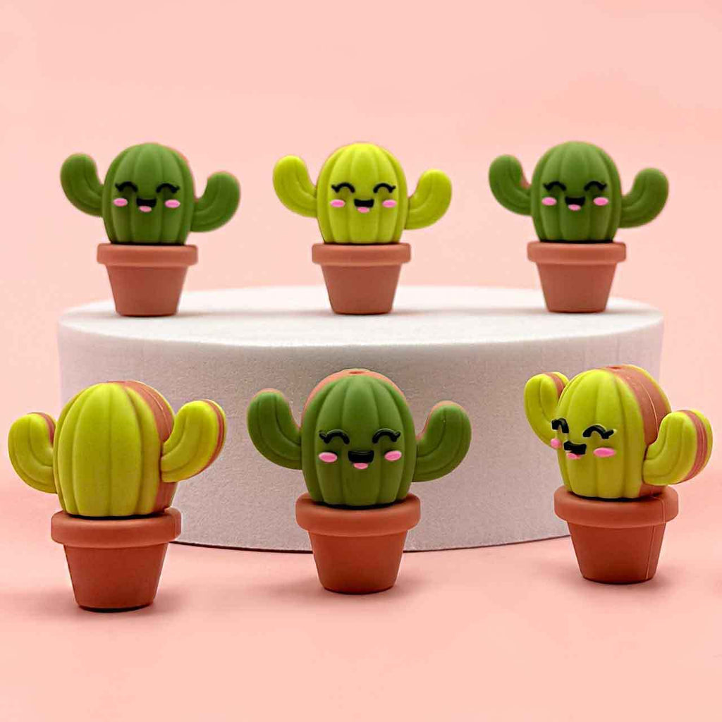3D Cute Cactus Planter Silicone Focal Beads Green Shades 20pcs 3