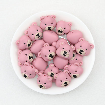 Colorful 3D Bear Head Silicone Focal Beads Cute Animal Design 20pcs - Mauve