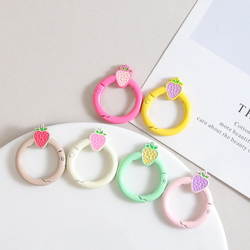Strawberry Painted Circle Zinc Alloy Trigger Spring Keyrings 6pcs 32mm 2
