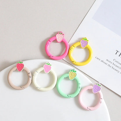 Strawberry Painted Circle Zinc Alloy Trigger Spring Keyrings 6pcs 32mm 2