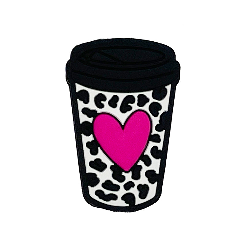 Silicone Focal Beads Heart Cup Leopard Print Pink Heart 20pcs