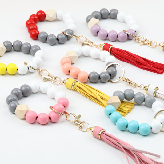 Tassel Wooden Beaded Keychain with PU Leather Tassel 23x10cm