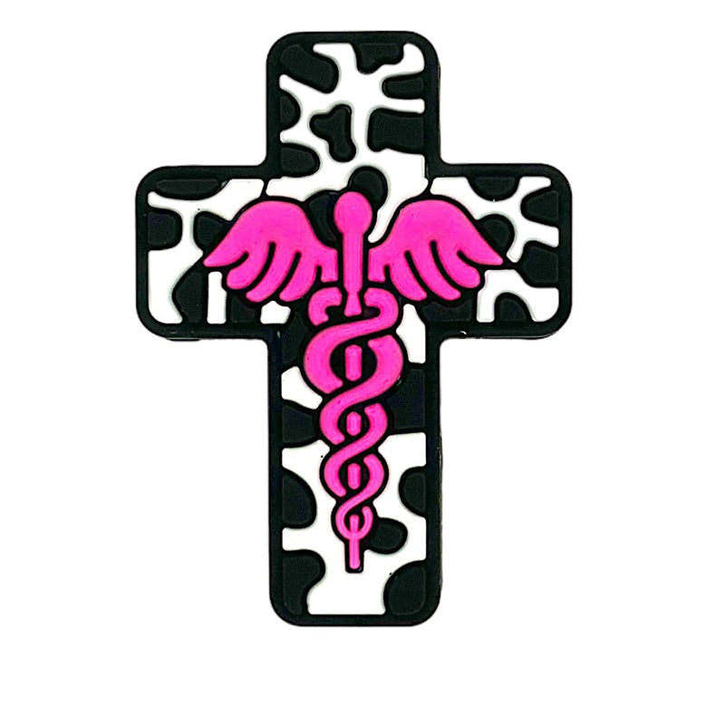 Silicone Focal Beads Nurse Cross With Cow Print Pink Caduceus 20pcs