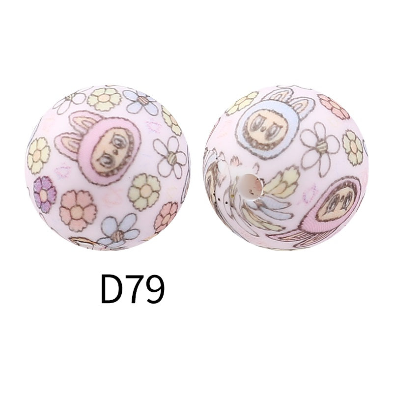 50Pcs 15mm Colored pattern printed silicone beads 81