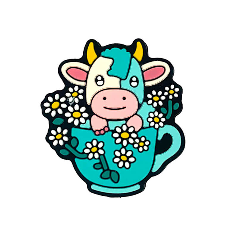 Silicone Focal Beads Cow Cattle Holding Daisy Pastel Turquoise Teacup 20pcs