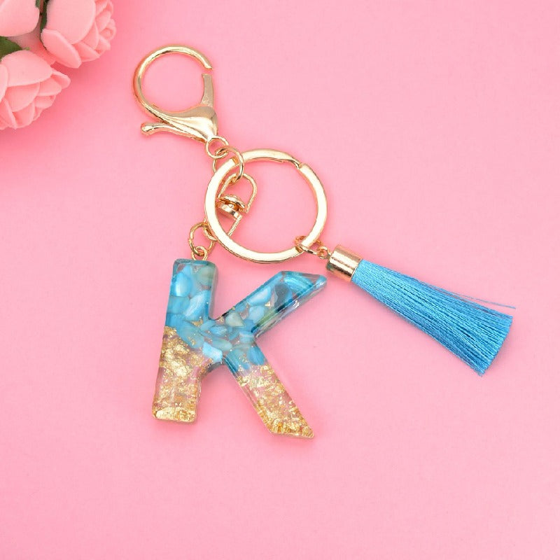Blue Resin Tassel Monogram Keychain with Gold Flake Accent 13