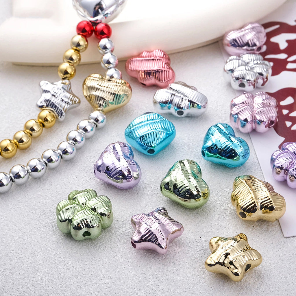 Metallic Wrinkle Heart Star Cube Clover Acrylic Beads Colorful 20pcs