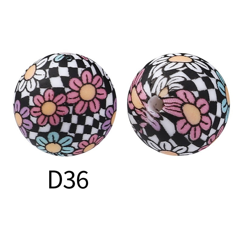 50Pcs 15mm Colored pattern printed silicone beads 38