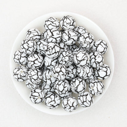 15mm Black and White Patterned Silicone Round Beads 50pcs - Root Pattern