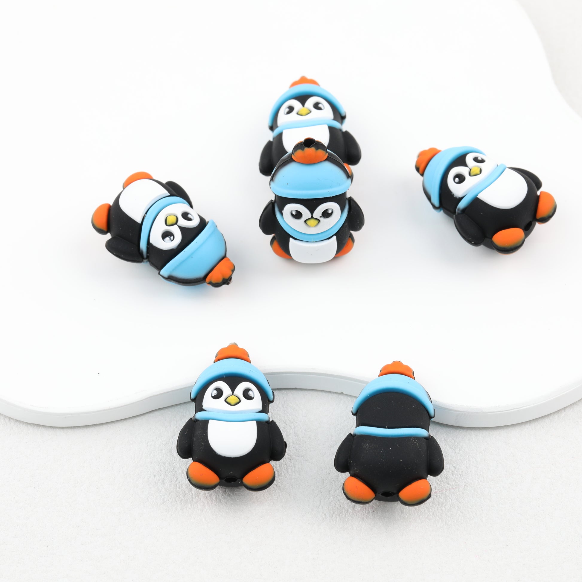 3D Winter Penguin Silicone Focal Beads with Blue Scarf 20pcs 2