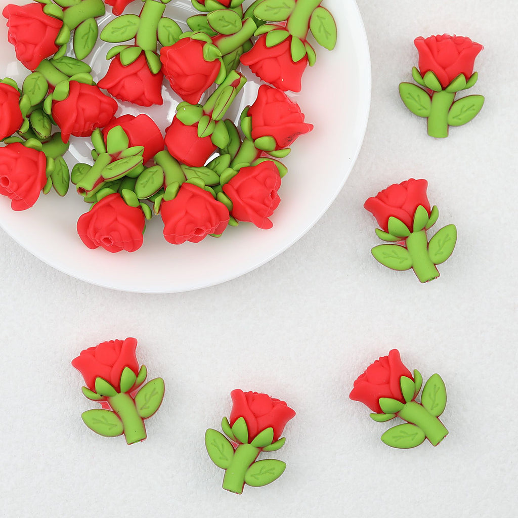 Red Rose 3D Silicone Focal Beads with Green Leaves 20pcs