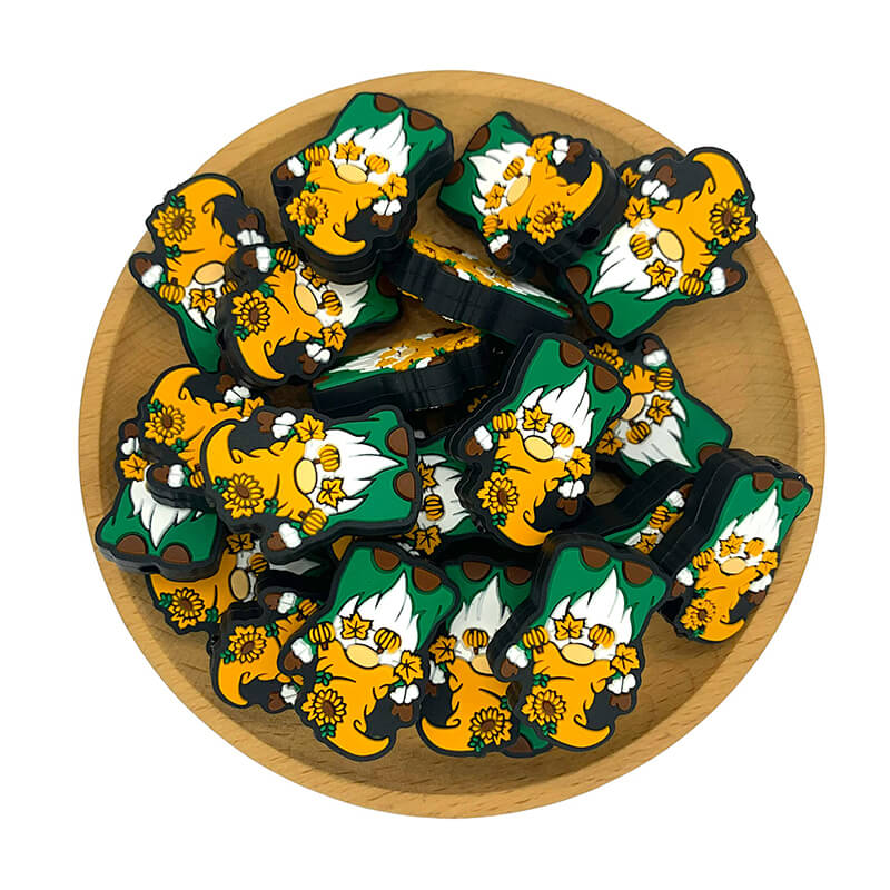 Silicone Focal Beads Autumn Gnome Wearing Yellow Hat Circle Badge 2