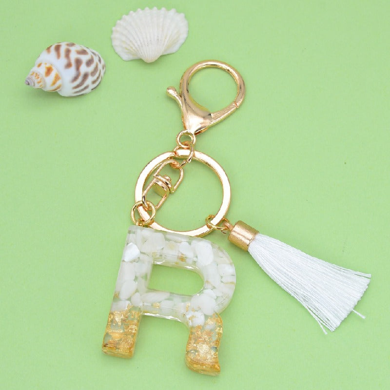 Tassel Letter A Keychain Resin Gold Flakes White Tassel 21