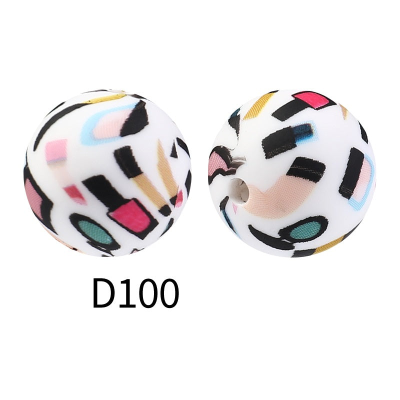 50Pcs 15mm Colored pattern printed silicone beads 102