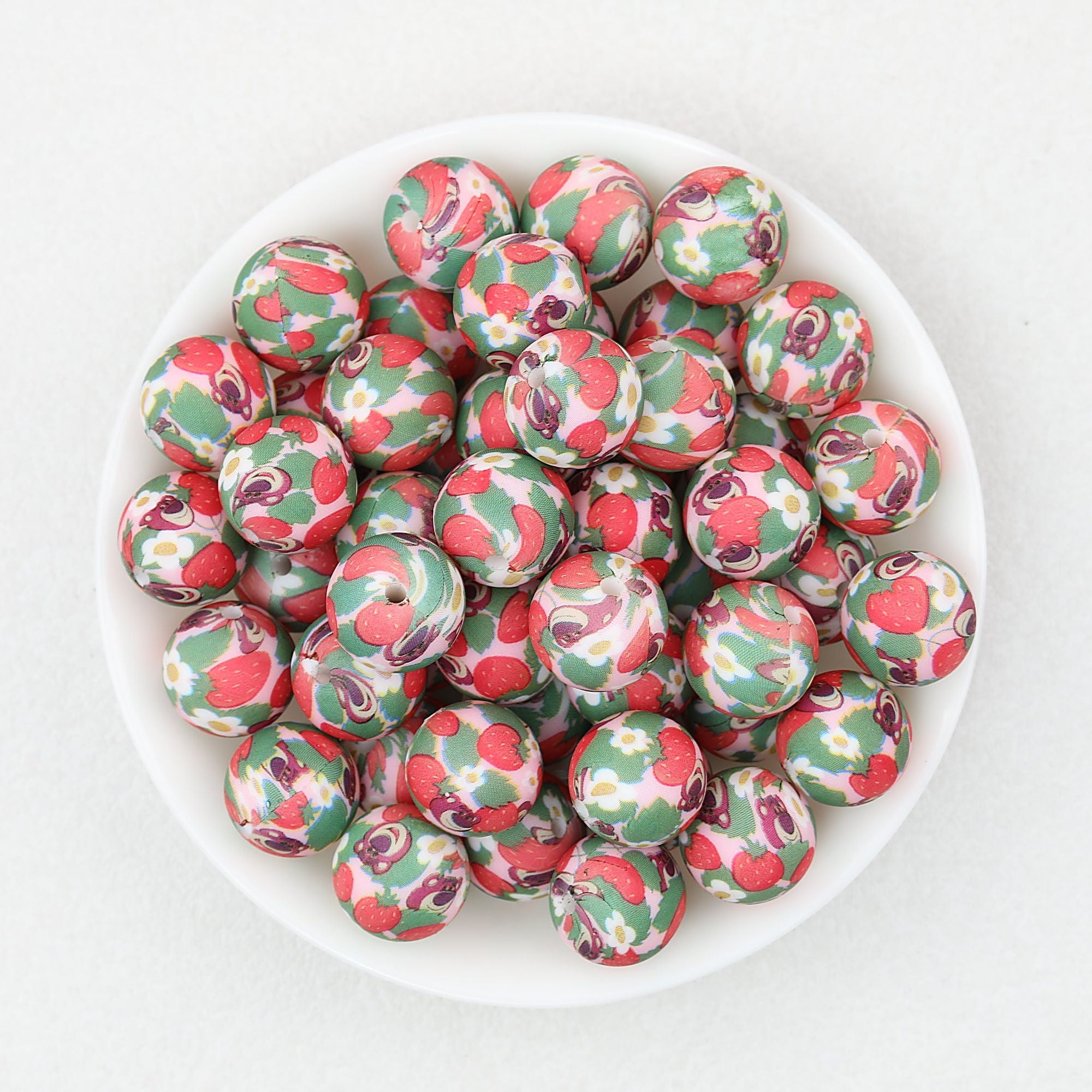 15mm Printed Floral Silicone Beads Multicolor Patterned 50pcs - Strawberry Bear