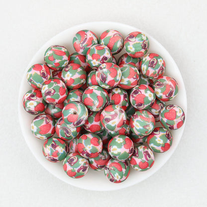 15mm Printed Floral Silicone Beads Multicolor Patterned 50pcs - Strawberry Bear
