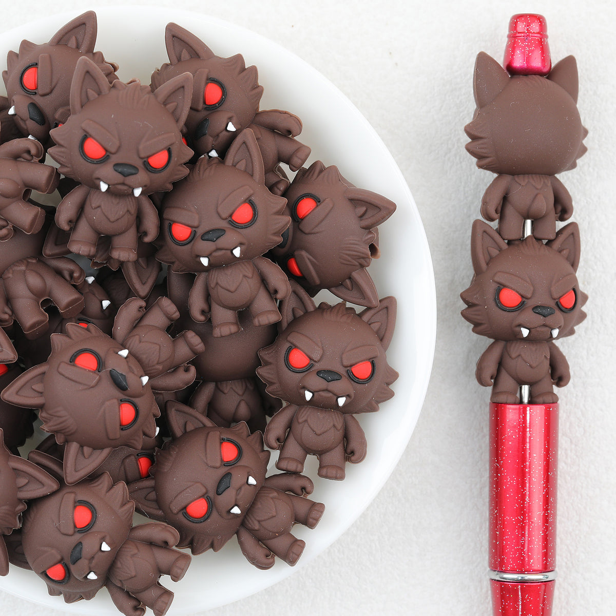 3D Brown Werewolf Silicone Focal Beads Wholesale, Halloween Red-Eyed Design