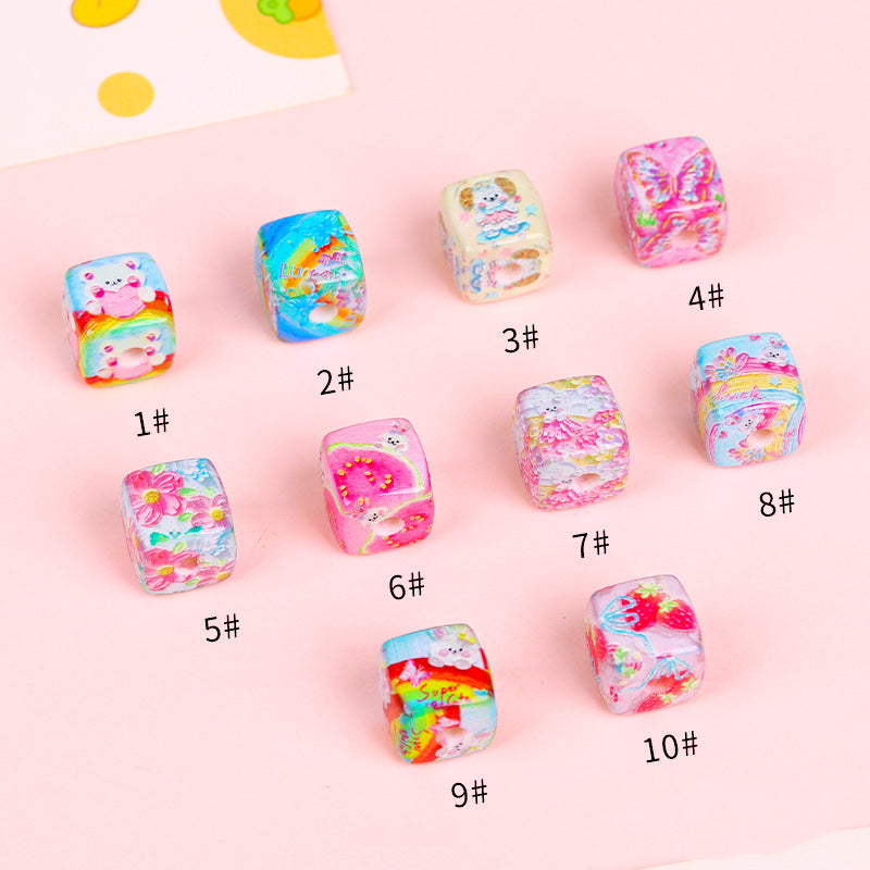 Rainbow Bear Acrylic Square Beads 14mm Oil Painting Print 10pcs 6