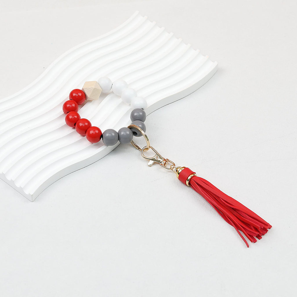 Tassel Wooden Beaded Keychain with PU Leather Tassel 23x10cm - red