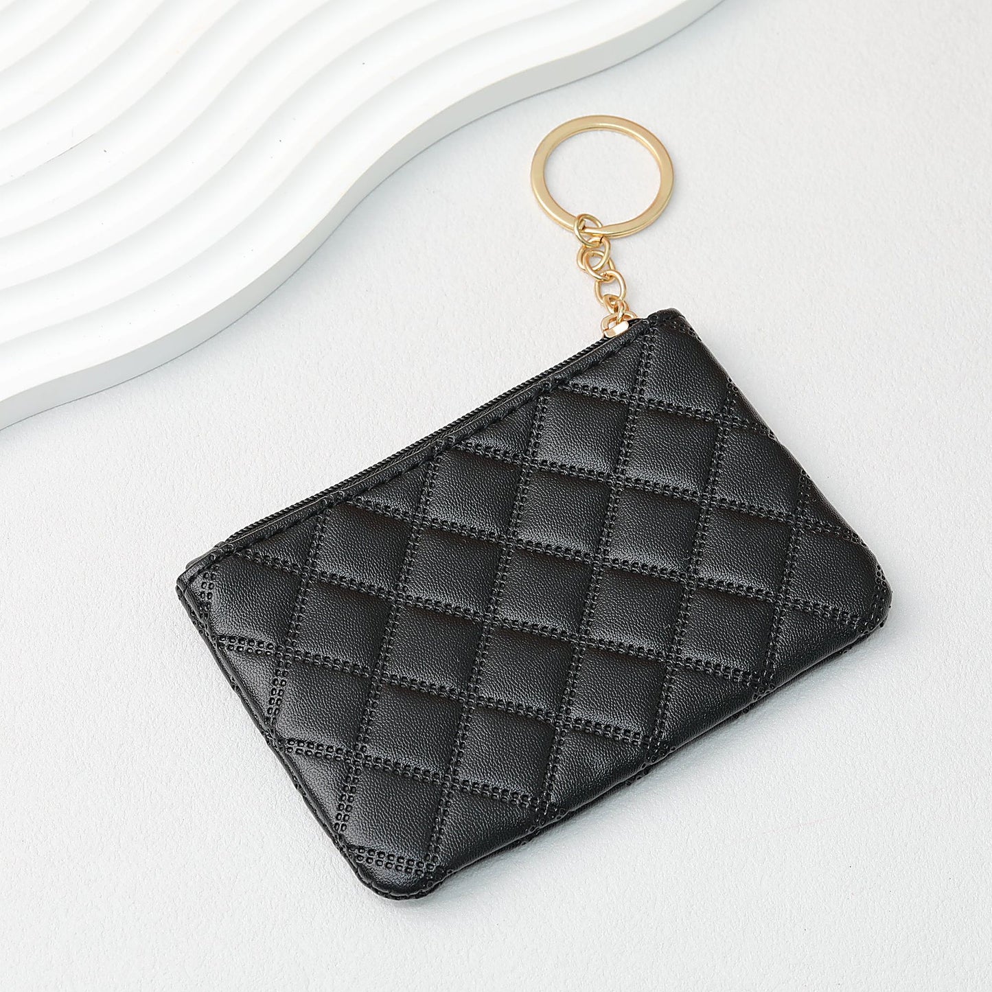 Wallet Keychain Coin Purse Plaid Simple Solid Color - Black