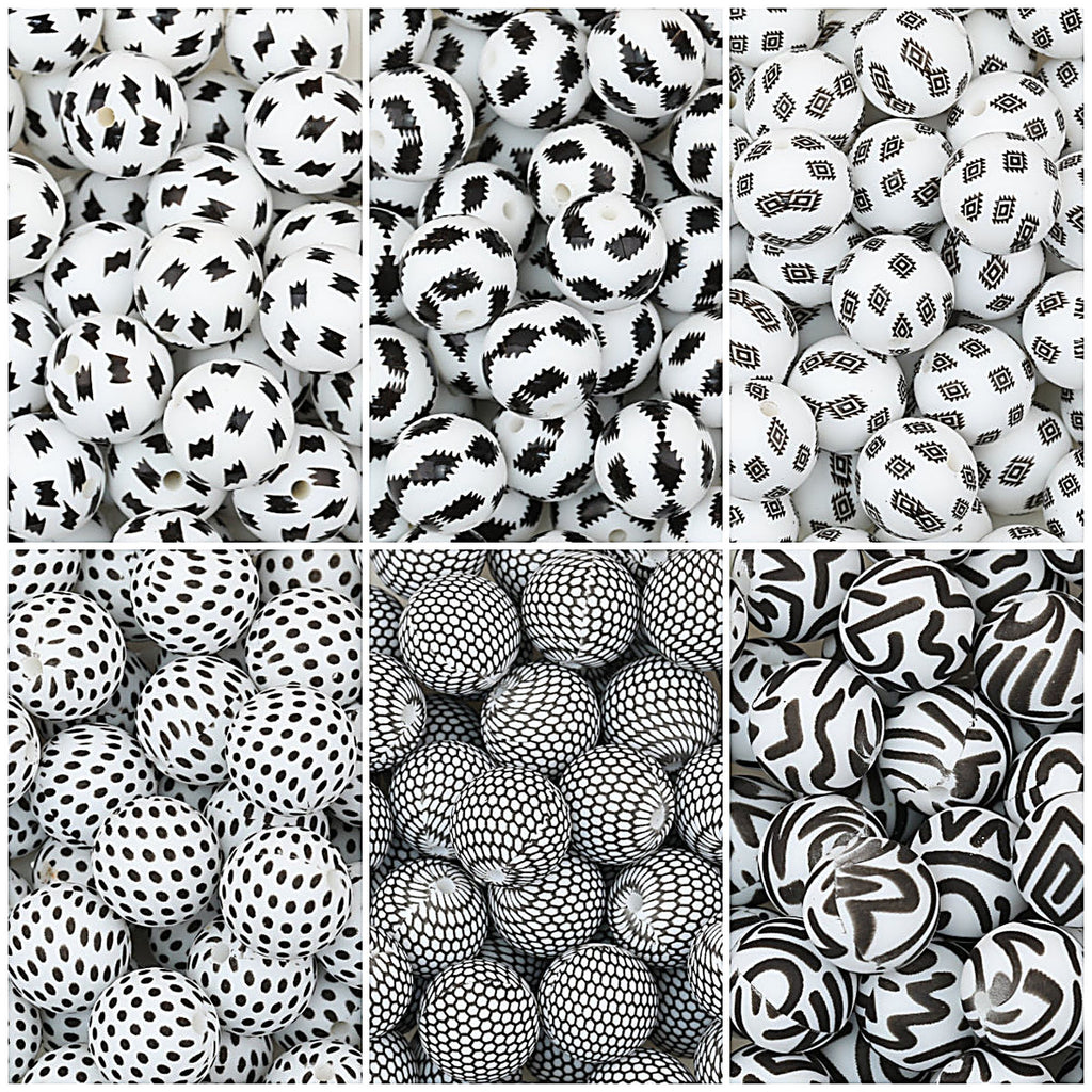 15mm Black and White Printed Round Silicone Beads 50pcs
