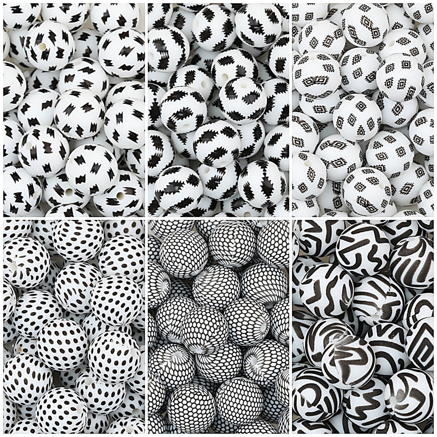 15mm Black and White Printed Round Silicone Beads 50pcs