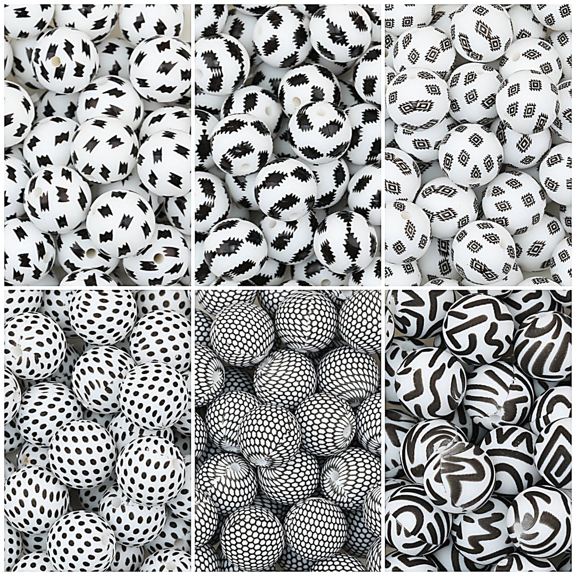 15mm Black and White Printed Round Silicone Beads 50pcs