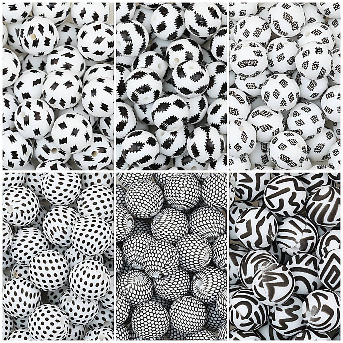 15mm Black and White Printed Round Silicone Beads 50pcs