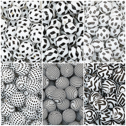 15mm Black and White Printed Round Silicone Beads 50pcs