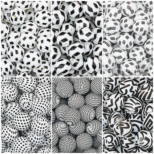 15mm Black and White Printed Round Silicone Beads 50pcs