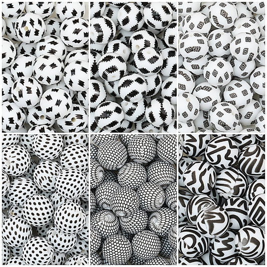 15mm Black and White Printed Round Silicone Beads 50pcs