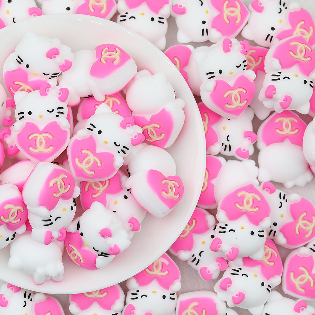 3D Cute Pink Cat Silicone Focal Beads with Heart 20pcs