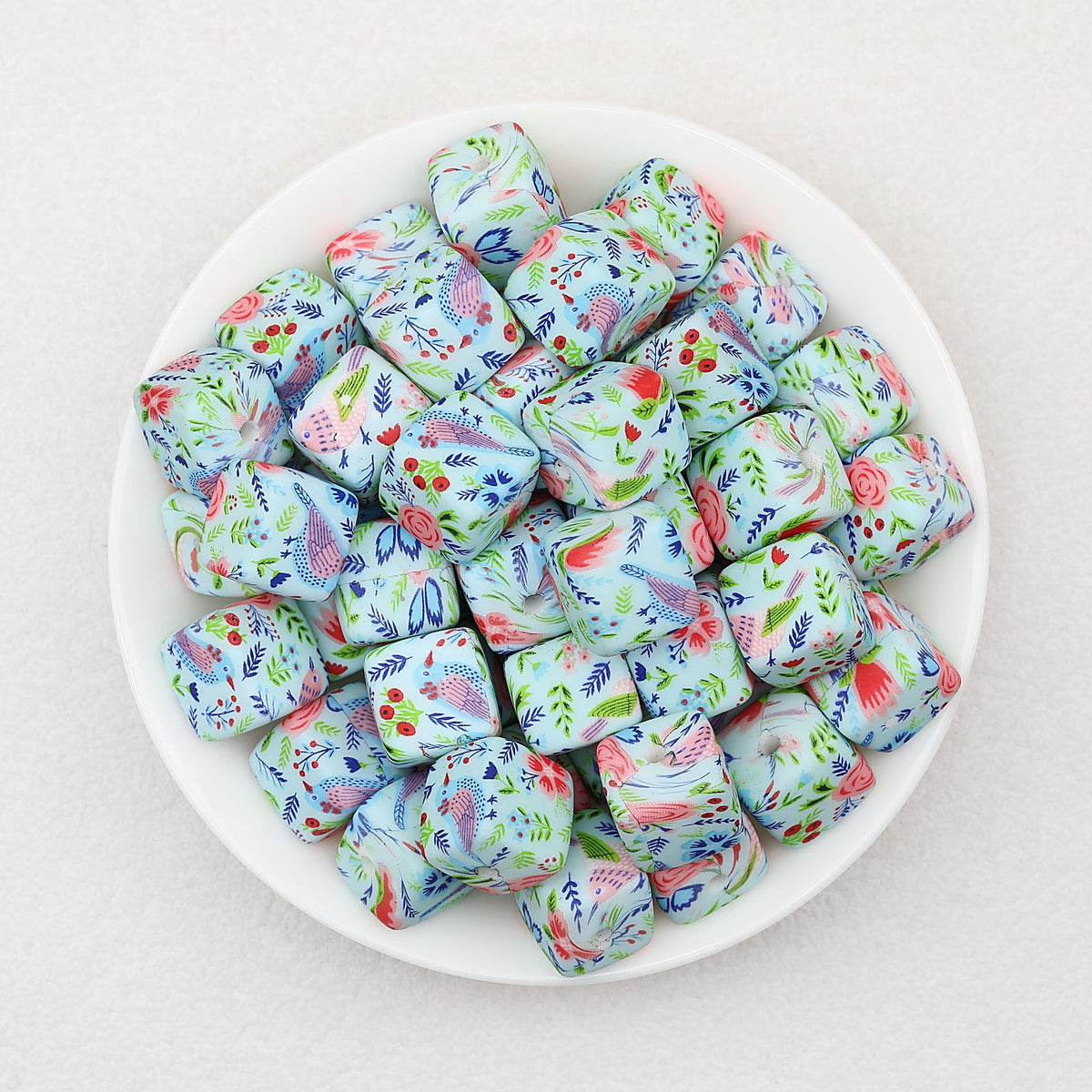 Floral Pattern 13.5mm Square Silicone Beads Printed Design 50pcs - Style 5