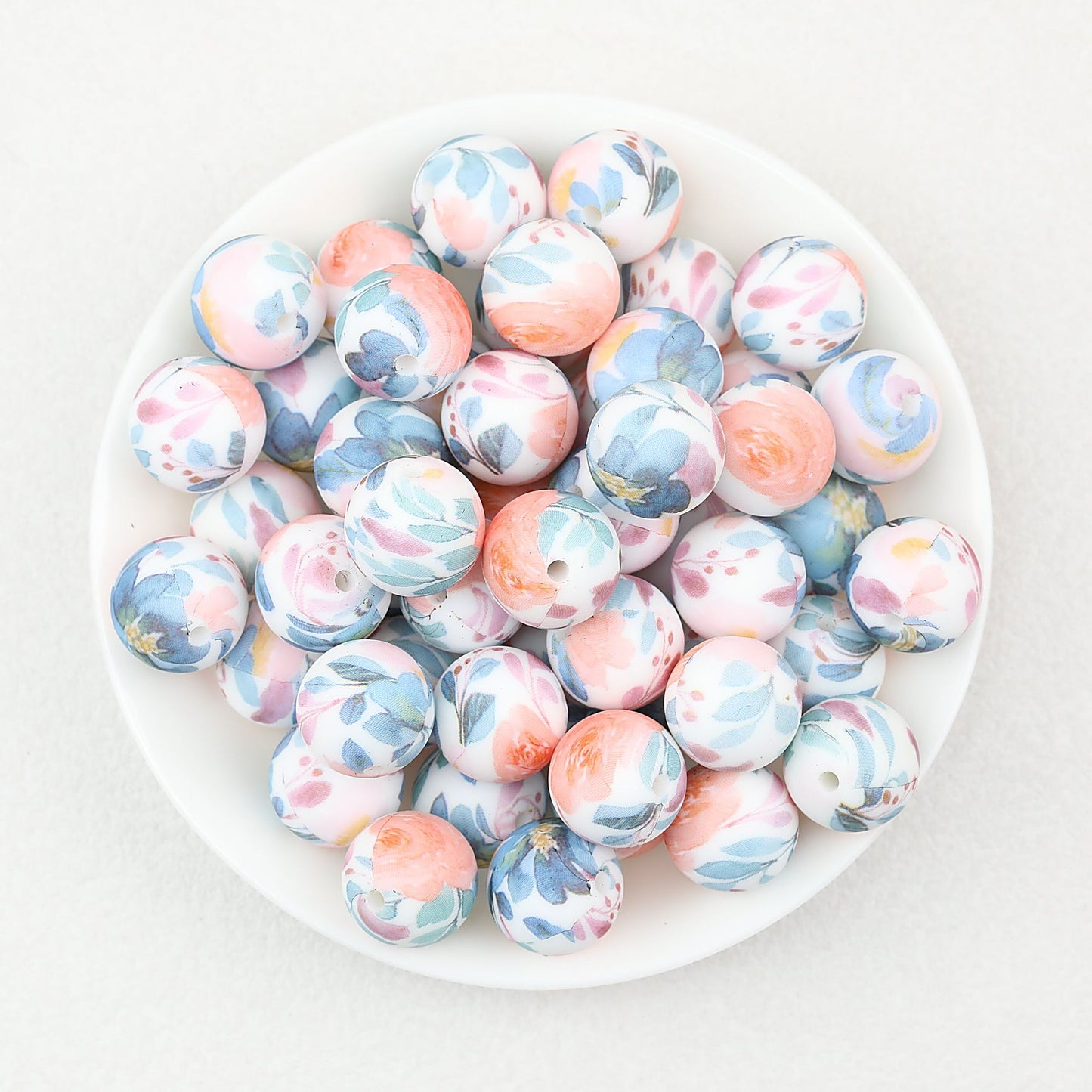 15mm Light Floral Print Round Silicone Beads 50 pcs - Floral Design 8